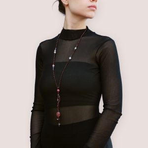 Long mineral jewelry, polished garnet necklace, true pearl necklace