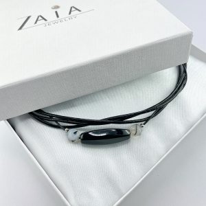 Fekete bőr ékszer acháttal, ásvány nyaklánc