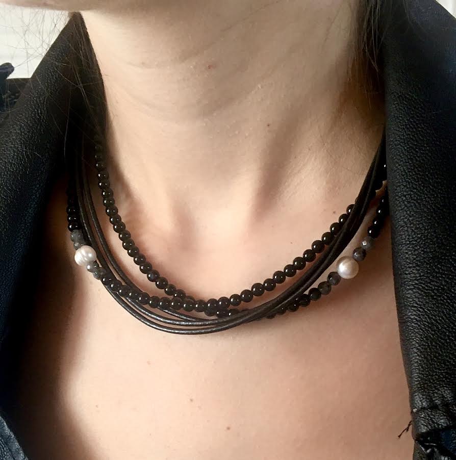 Bőr ékszer gyöngysorral acháttal igazgyönggyel és labradorittal - Image 2