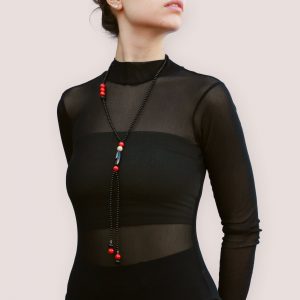 Long mineral jewelry, black agate and red wood fossil necklace