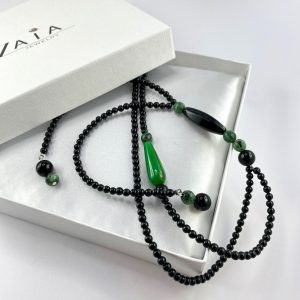 Long mineral jewelry, black agate and Rubby necklace