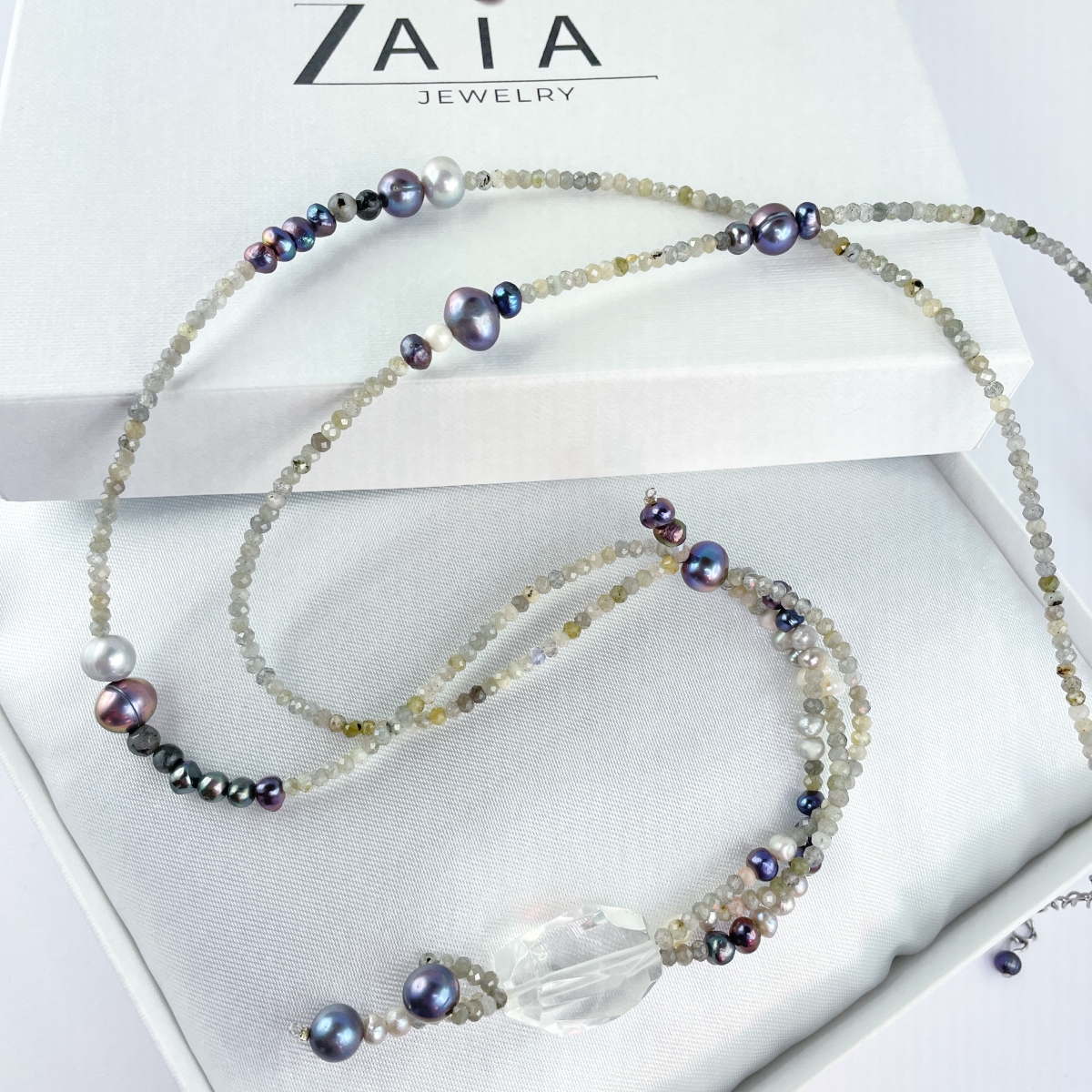 Hosszú ásvány ékszer, igazgyöngy nyaklánc, drágakő nyakék