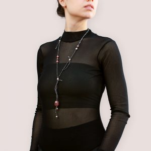 Long mineral jewelry, hematite and pearl necklace, designer necklace