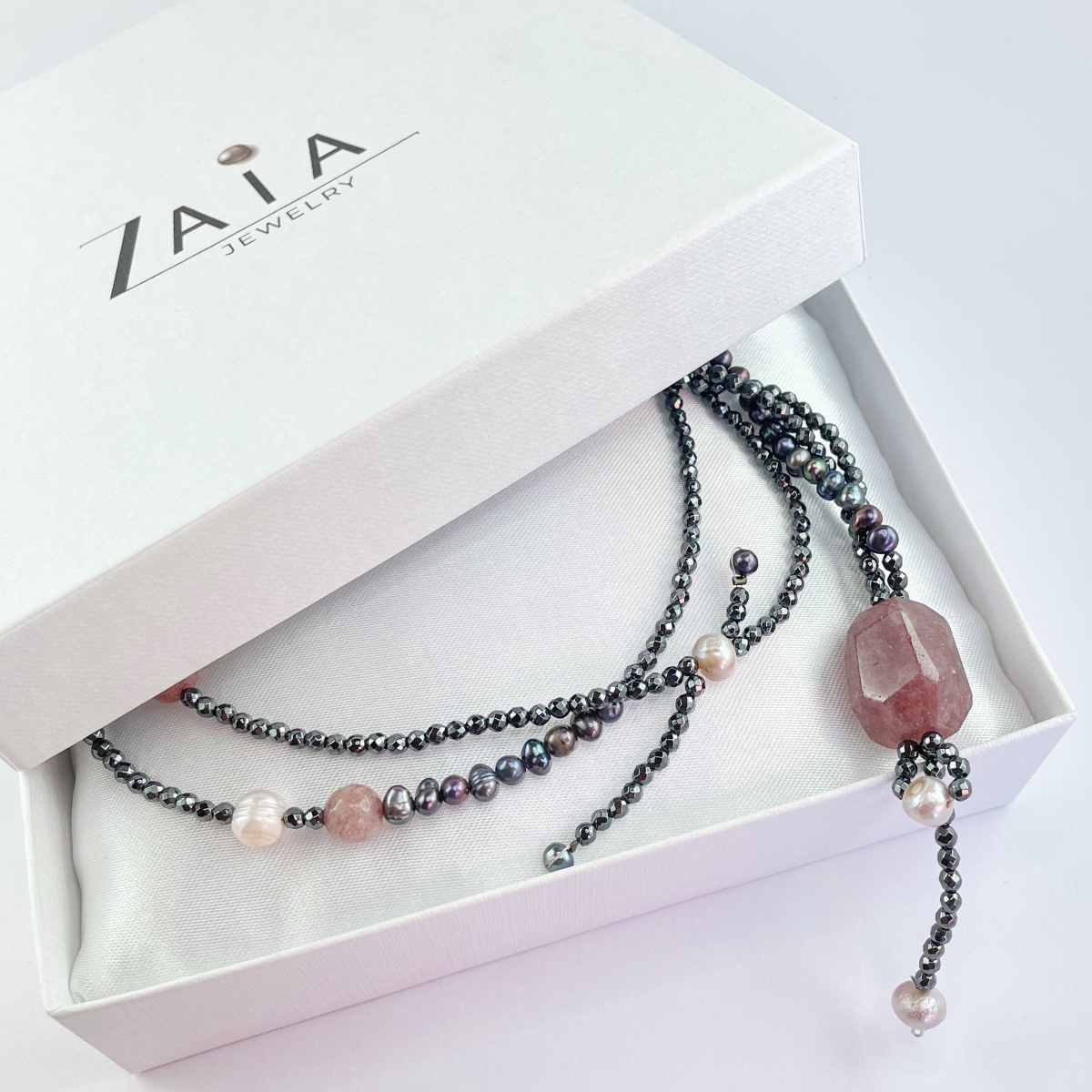 Hosszú ásvány ékszer, hematit és igazgyöngy nyaklánc, tervezői nyakék - Image 4