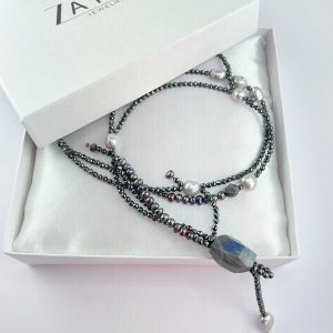 Long mineral jewelry, hematite and true pearl necklace