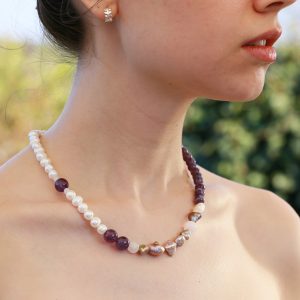 Igazgyöngy, ametiszt ékszer szett, nyaklánc karkötővel