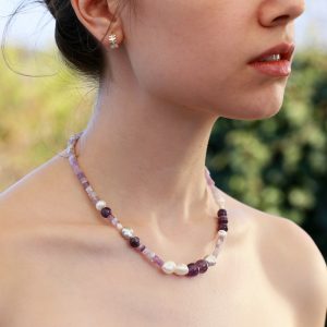 Gyöngy ékszer szett, ametiszt, igazgyöngy nyakék és karkötő